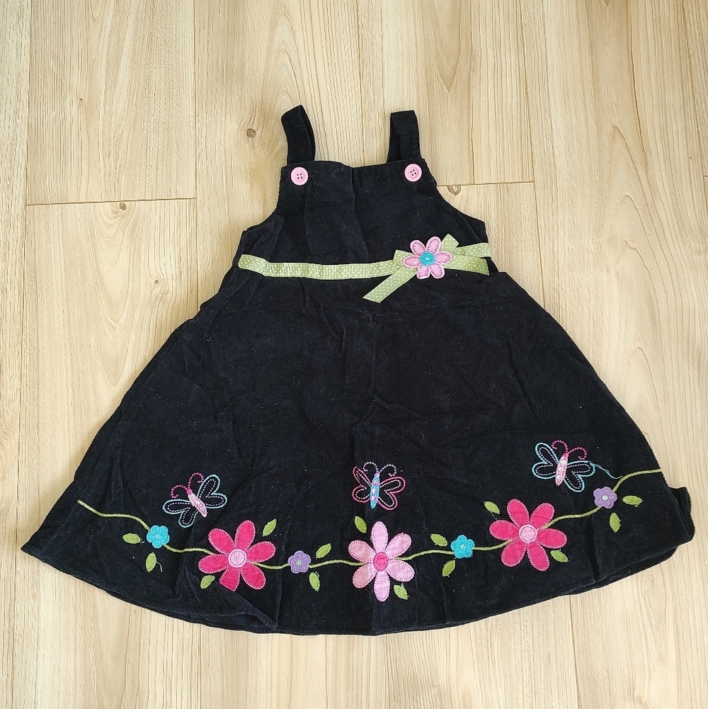 Black Corduroy Dress with Embroidered Flowers 4y